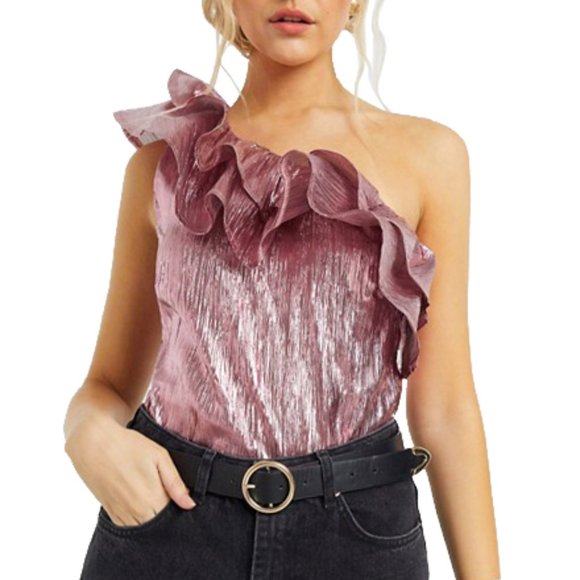 ASOS Tops - ASOS pink metallic one shoulder ruffle bodysuit